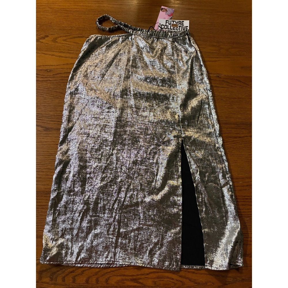 Future Collective Alani Noelle Metallic Silver Midi Skirt Size 10 NWT Side Slit